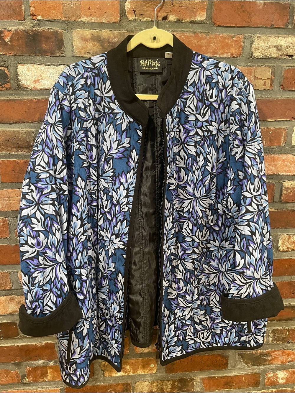 Bob Mackie Blue and White Floral Quilted Bomber Jacket with Black Trim